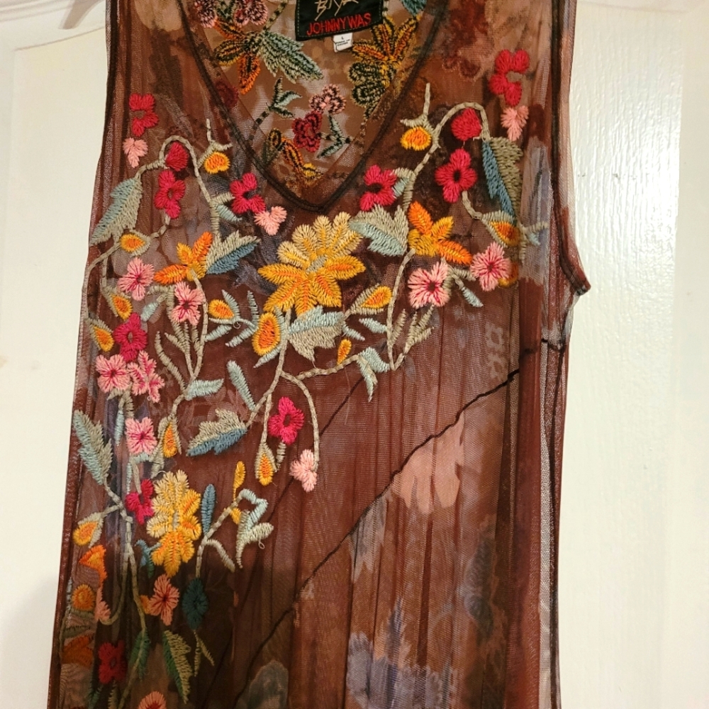Johnny Was Sheer Brown Tank with Floral Embroidery